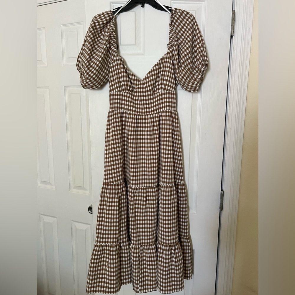 Brown Gingham Midi Dress